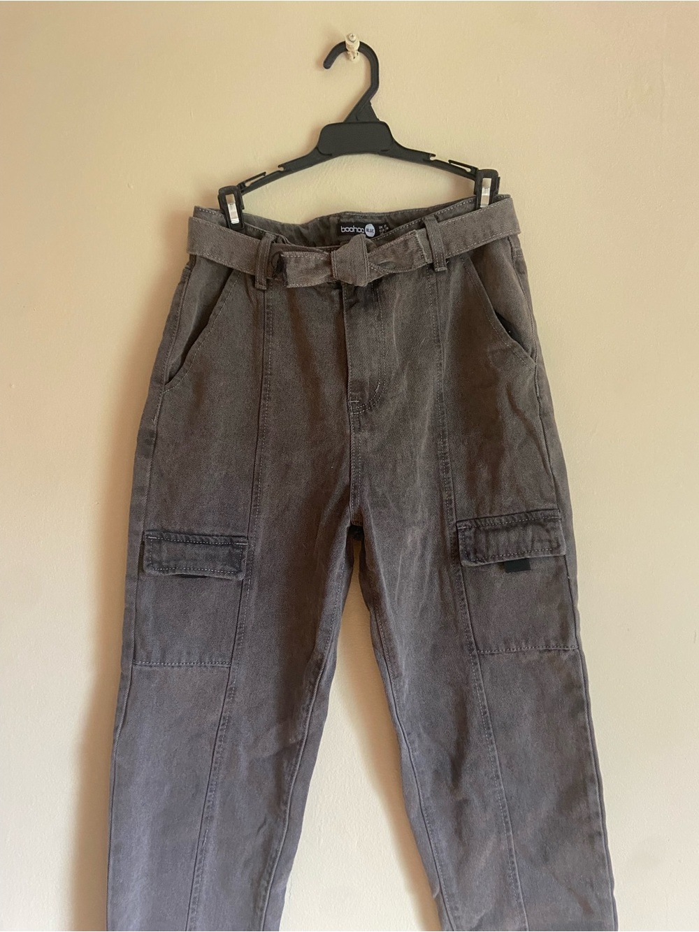 Boohoo Grunge 80s 90s Punk Indie Alt Washed Charcoal Cargo Pants With Tie Belt